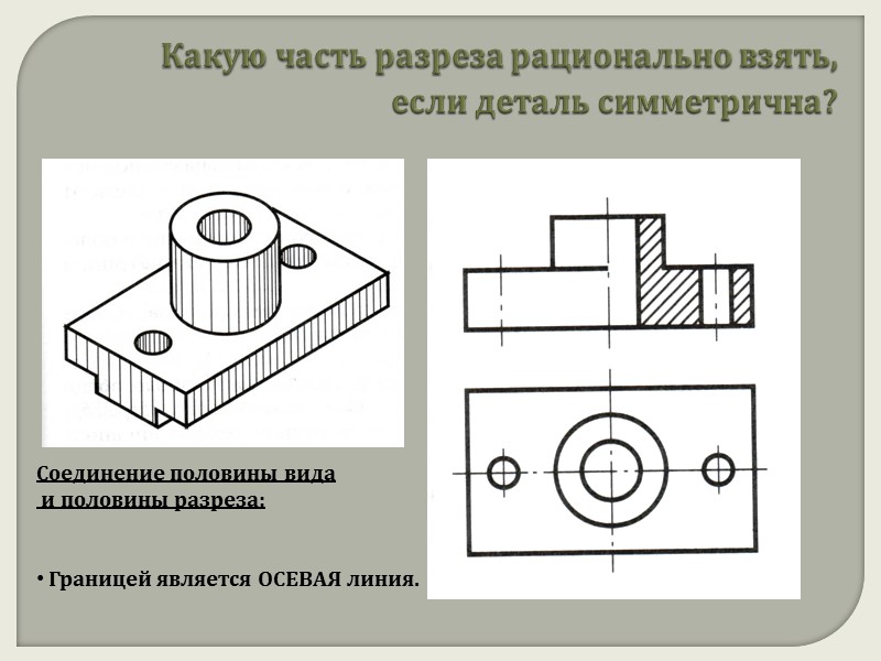 Какую часть разреза рационально взять, если деталь симметрична? Соединение половины вида  и половины
